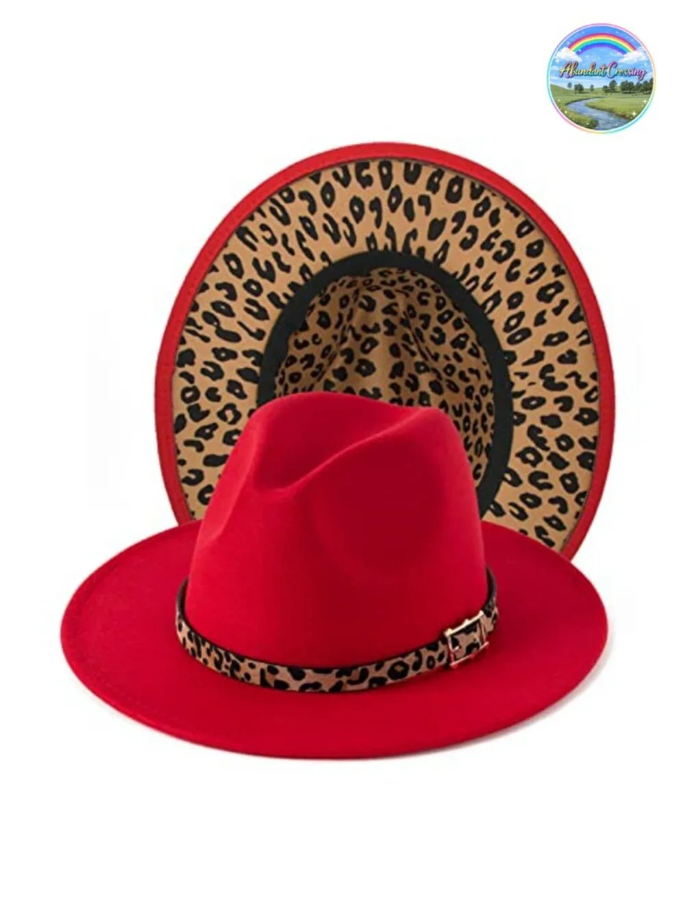 Wide Brim Felt Fedora Panama Hat with Leopard Print Belt